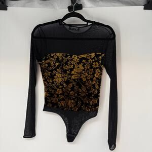 Cosabella Bodysuits Womens Large Black Gold Long Sleeve Floral Print Round Neck
